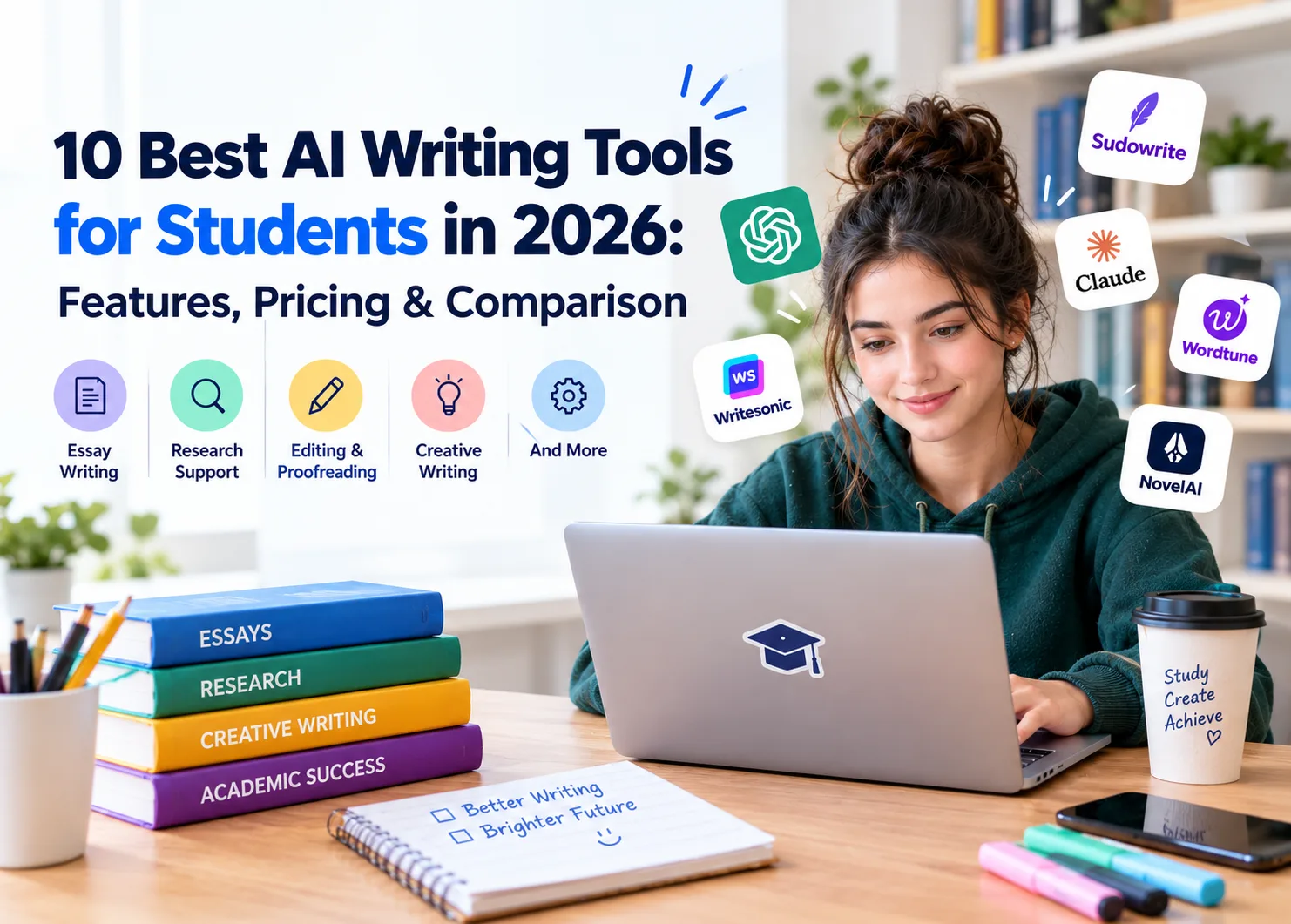 Banner featuring the 10 best AI writing tools for students in 2026, highlighting essay writing, research support, editing, proofreading, and creative writing, with a student using a laptop alongside popular AI writing tool icons.